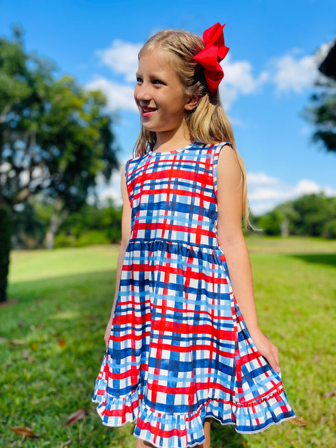 Girls Patriotic Plaid Dress with Matching Bow - Bowtism